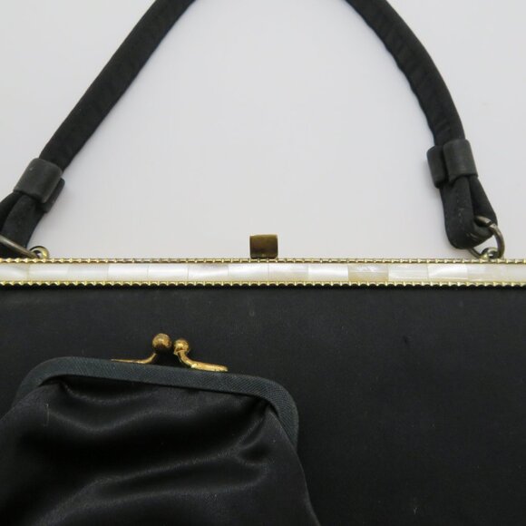 Vintage Handheld Black Satin Purse Bag After Five Mother Pearl Frame Top Handle - Picture 15 of 16